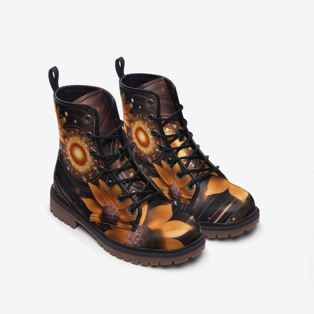 Hippie Art Zone - Flowers in The Galaxy Leather Lightweight Boots for Hippies