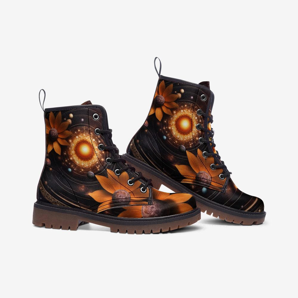 Hippie Art Zone - Flowers in The Galaxy Leather Lightweight Boots for Hippies