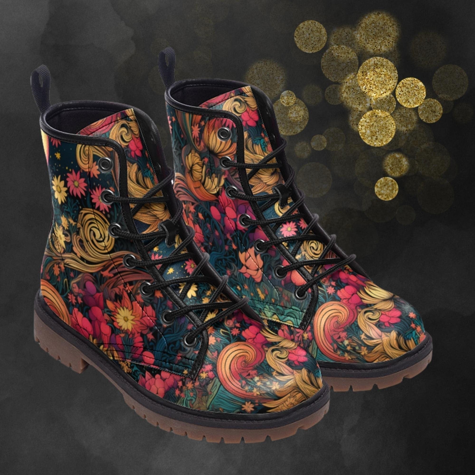 Hippie Art Zone - Floral Fantasy Art Combat Boots For Hippies