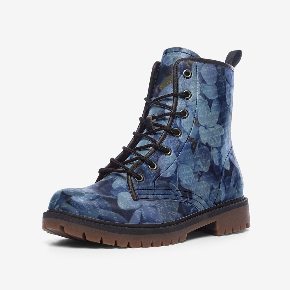 Hippie Art Zone - French Blue Hydrangea Casual Leather Lightweight Boots