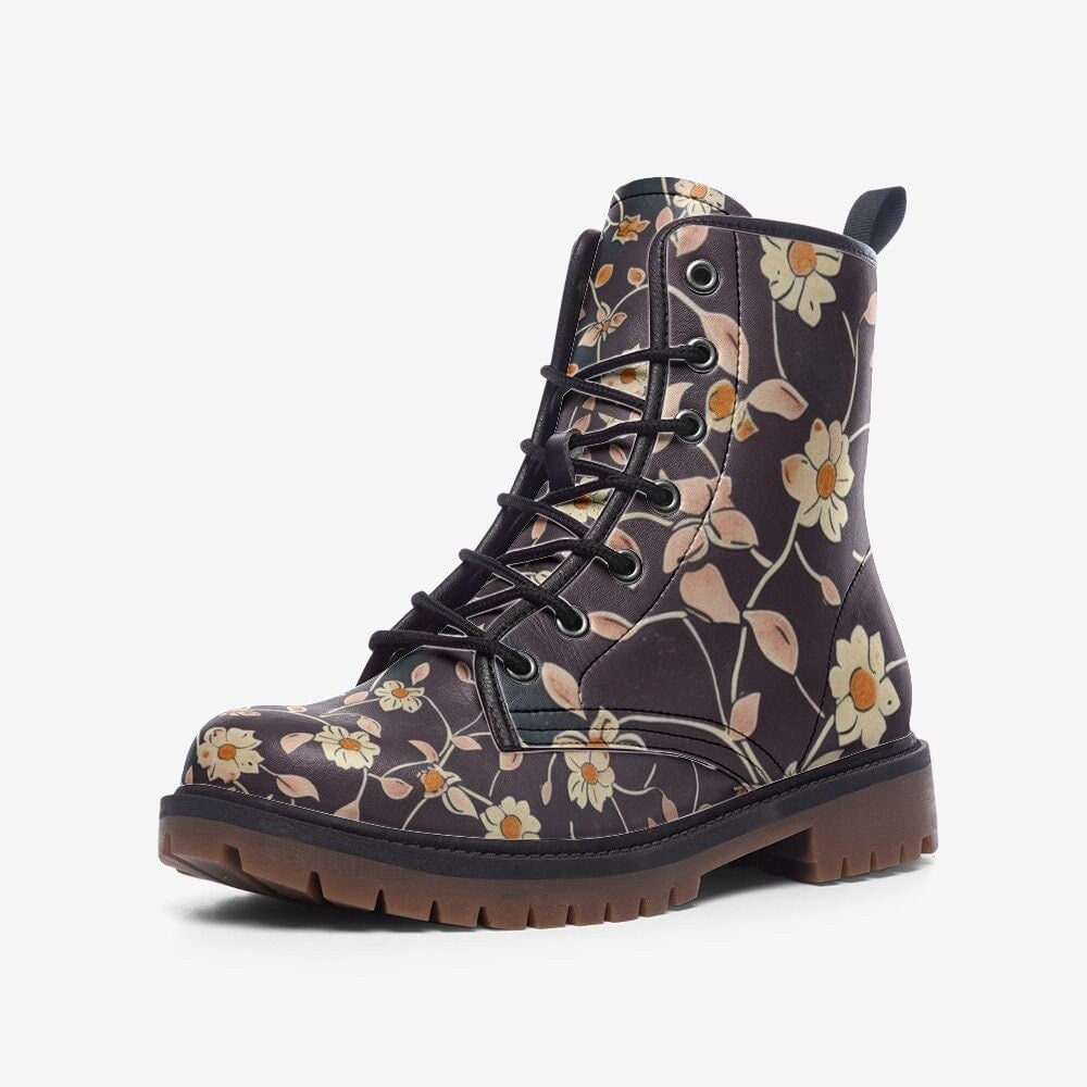 Hippie Art Zone - Gorgeous Abstract Orange Cream And Black Floral Vegan Leather Boots