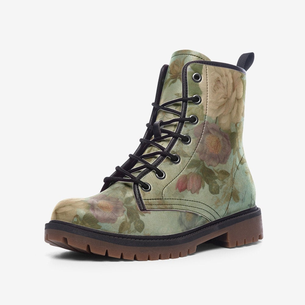 Hippie Art Zone - Green Floral Casual Faux Leather Lightweight Boots