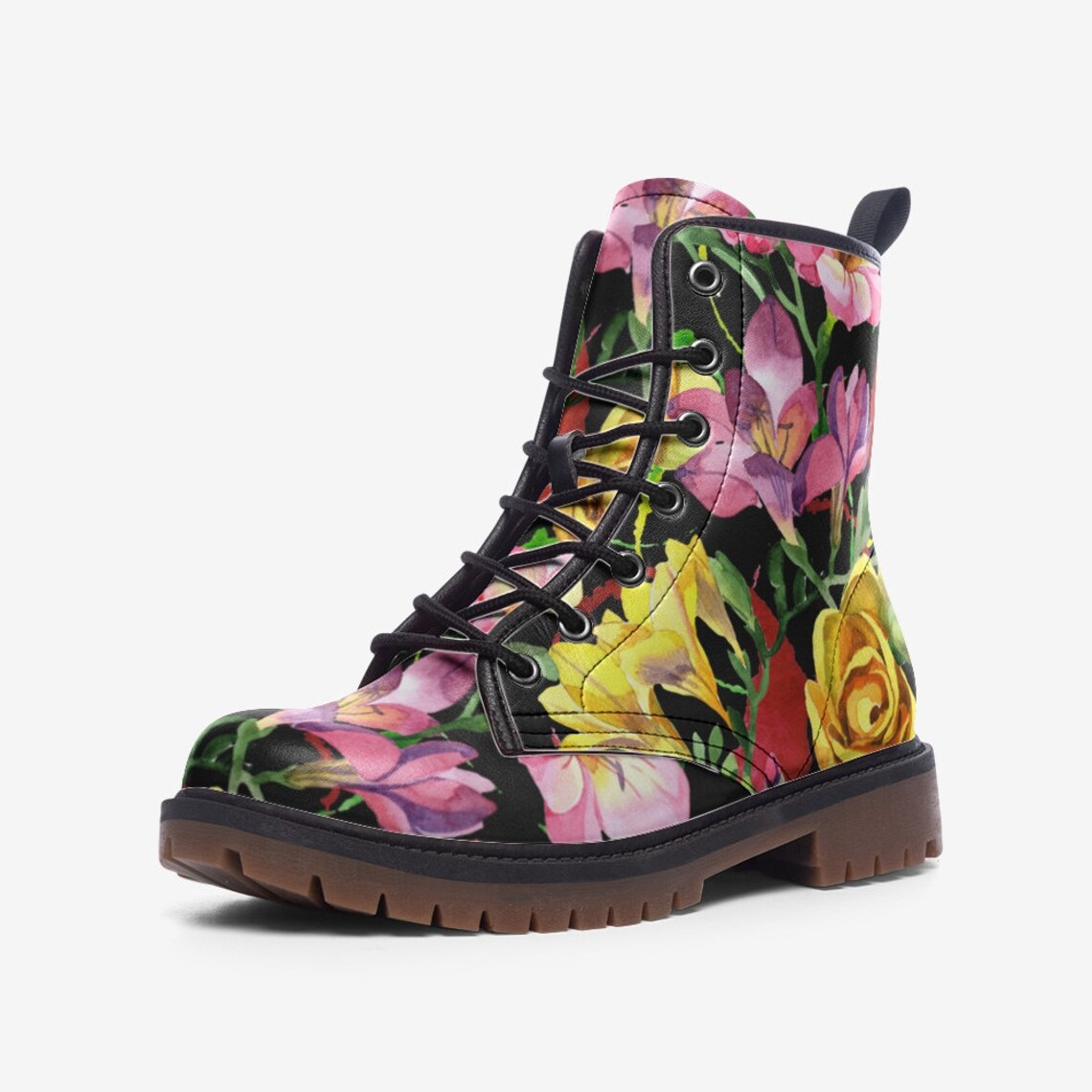 Hippie Art Zone - Pink &amp; Yellow Blooms Floral Vegan Boots.