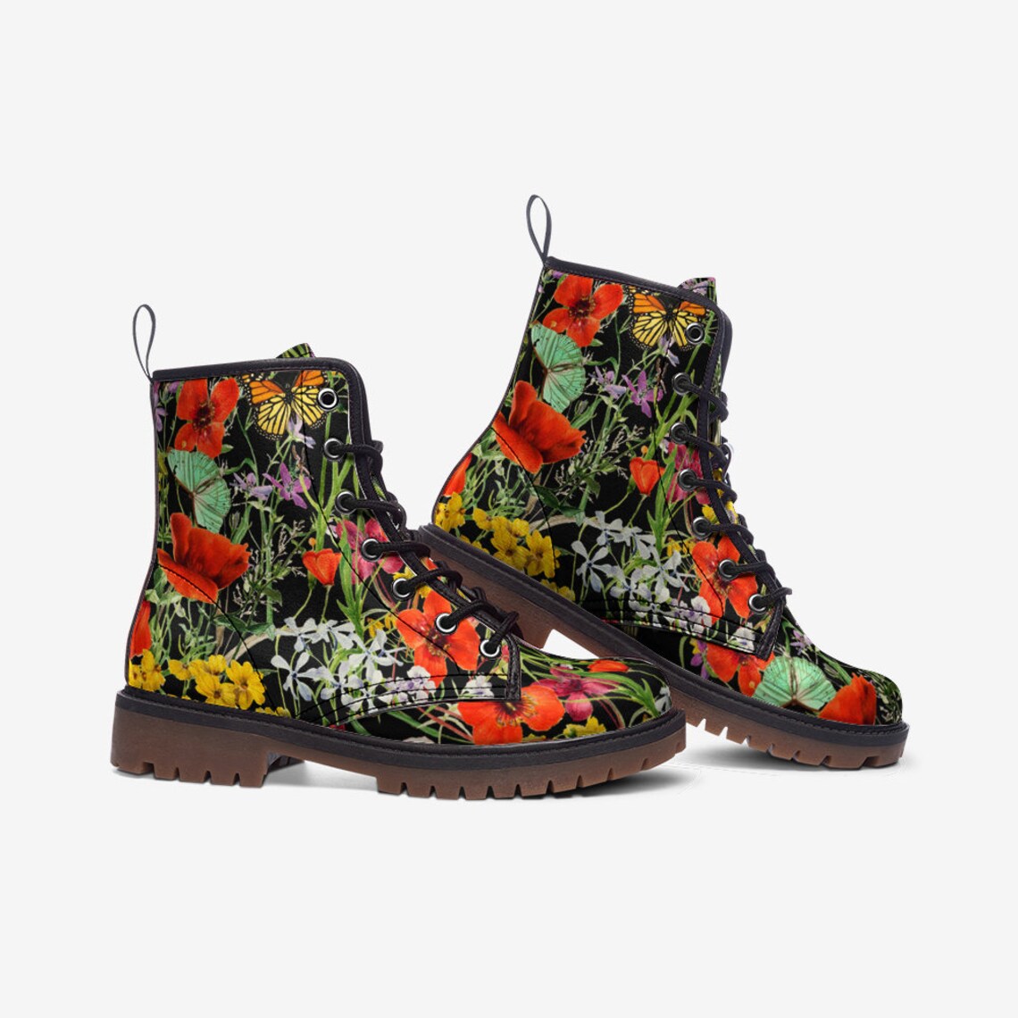 Hippie Art Zone - Pink &amp; Yellow Blooms Floral Vegan Boots.