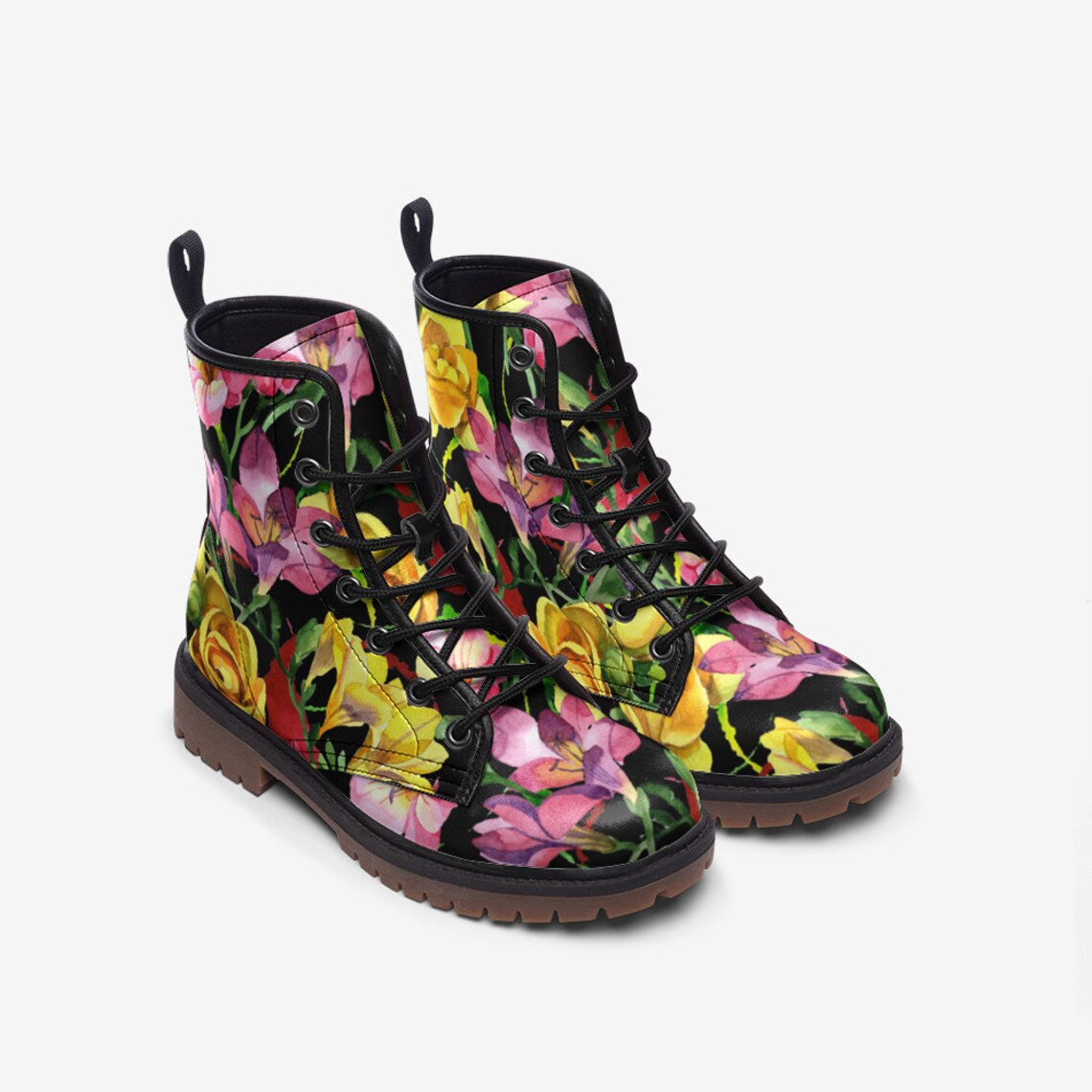 Hippie Art Zone - Pink &amp; Yellow Blooms Floral Vegan Boots.