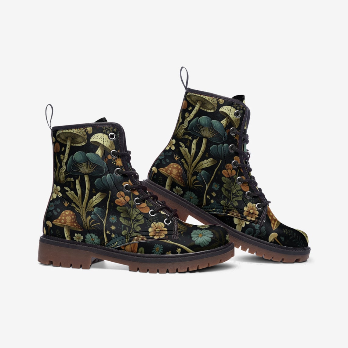 Hippie Art Zone - Boho Dark Forest Mushrooms Combat Boots.