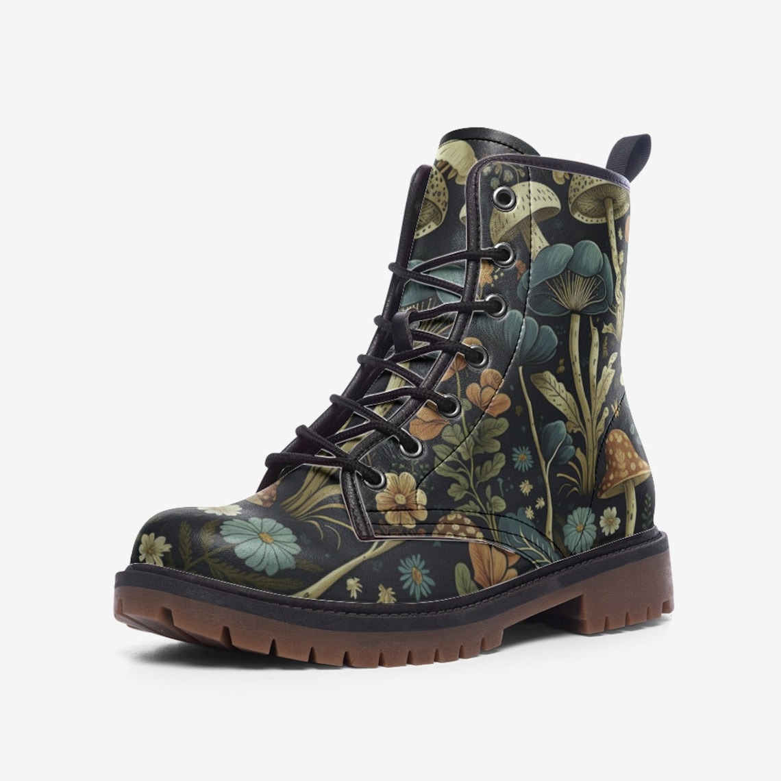 Hippie Art Zone - Boho Dark Forest Mushrooms Combat Boots.