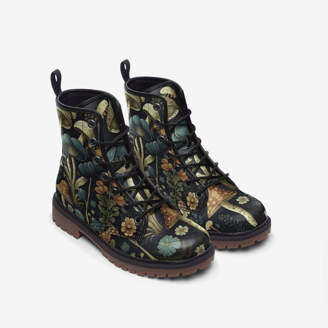 Hippie Art Zone - Boho Dark Forest Mushrooms Combat Boots.