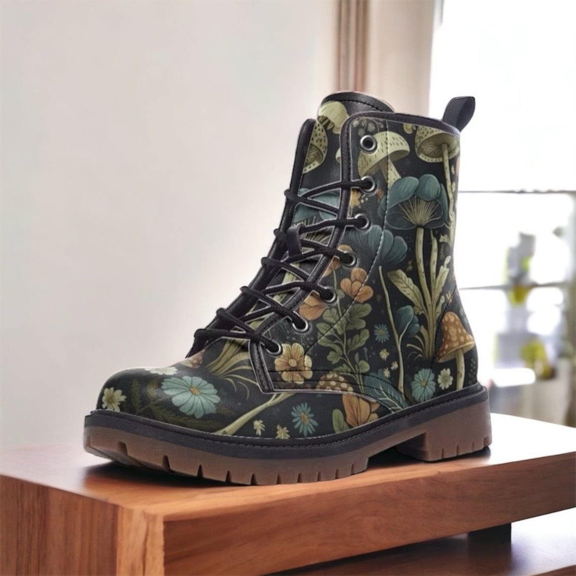 Hippie Art Zone - Boho Dark Forest Mushrooms Combat Boots.