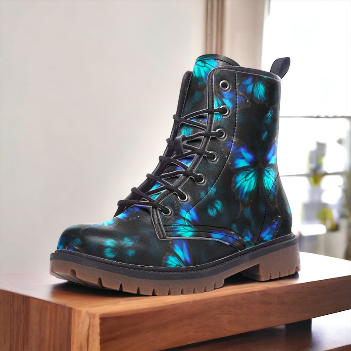 Hippie Art Zone - Morpho Butterfly Vegan Combat Boots.