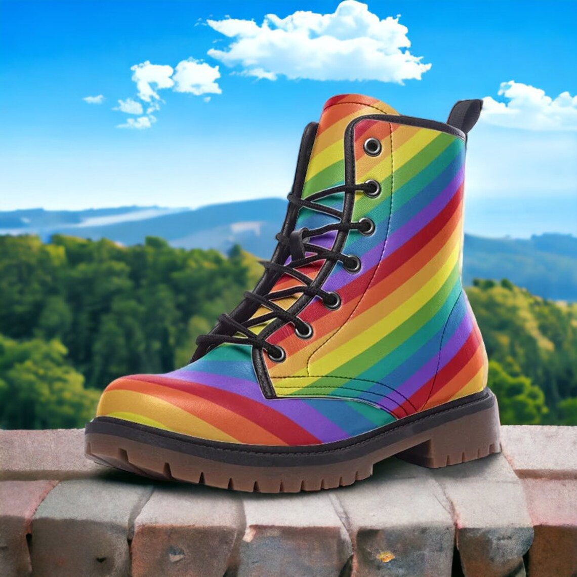 Hippie Art Zone - Rainbow Stripes Vegan Leather Combat Boots Ver 1.