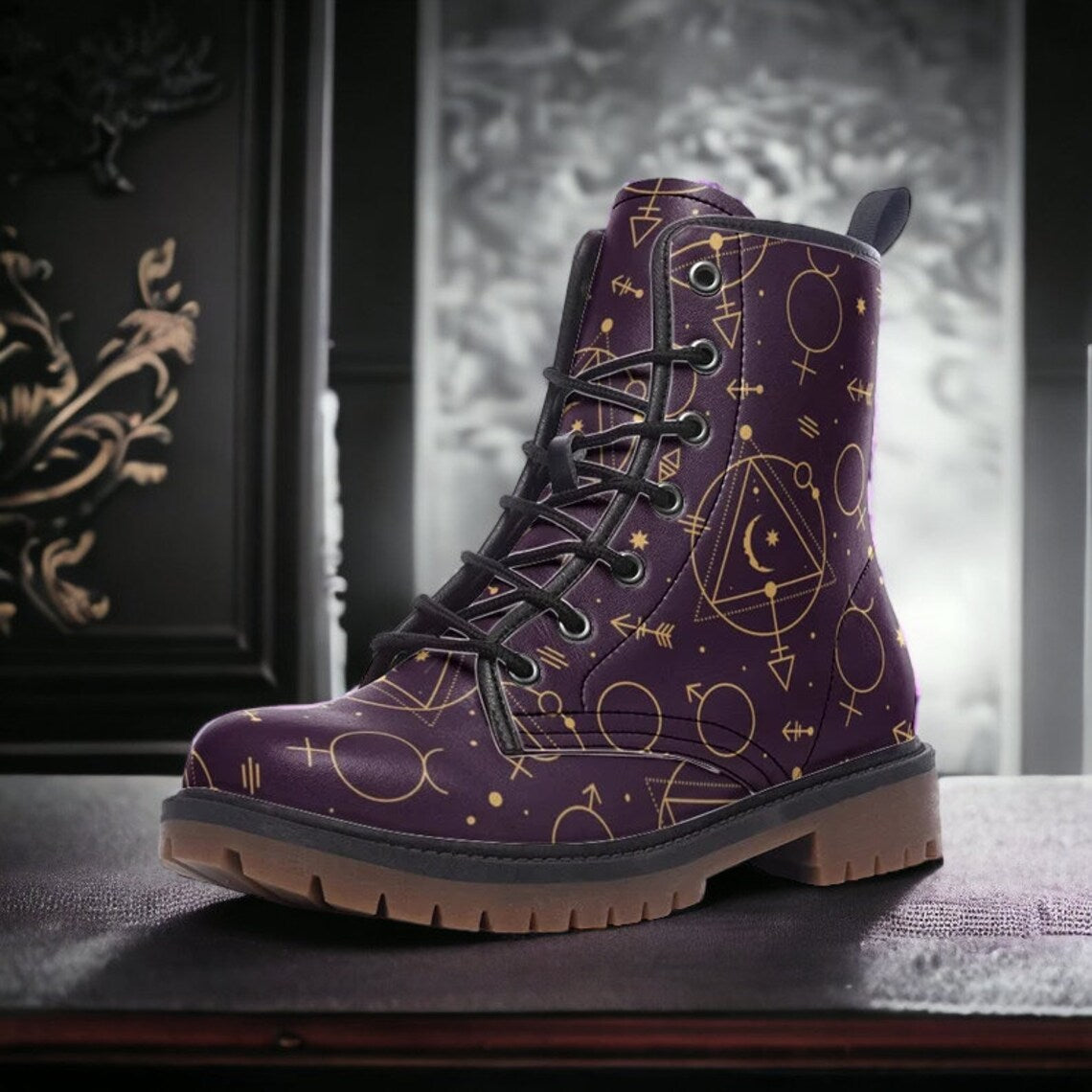 Hippie Art Zone - Mystical Purple Occult Vegan Combat Boots.