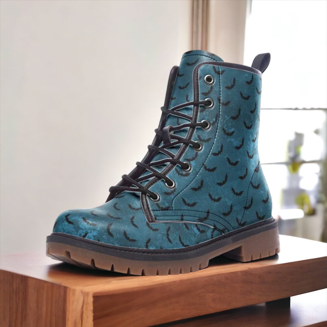 Hippie Art Zone - Dark Teal Bats Combat Boots.