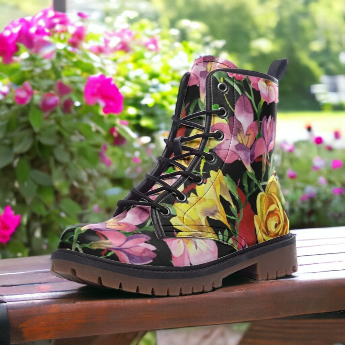 Hippie Art Zone - Pink &amp; Yellow Blooms Floral Vegan Boots.