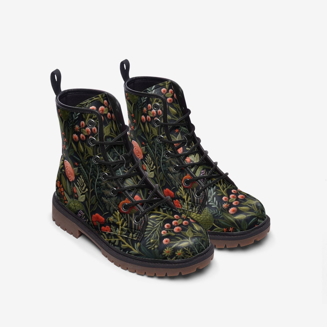 Hippie Art Zone - Dark Cottagecore Faux Embroidery Flowers Combat Boots.