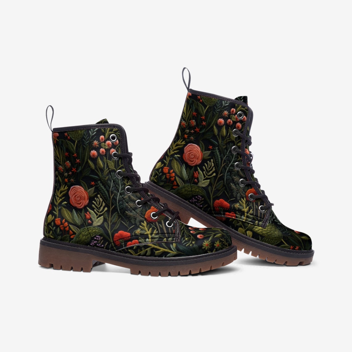 Hippie Art Zone - Dark Cottagecore Faux Embroidery Flowers Combat Boots.