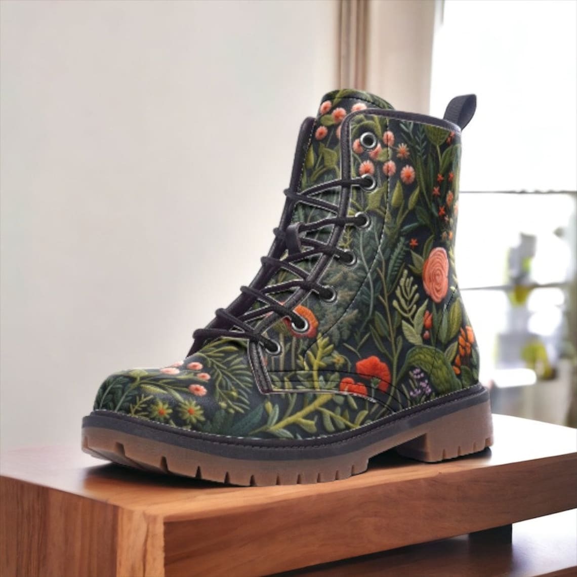 Hippie Art Zone - Dark Cottagecore Faux Embroidery Flowers Combat Boots.