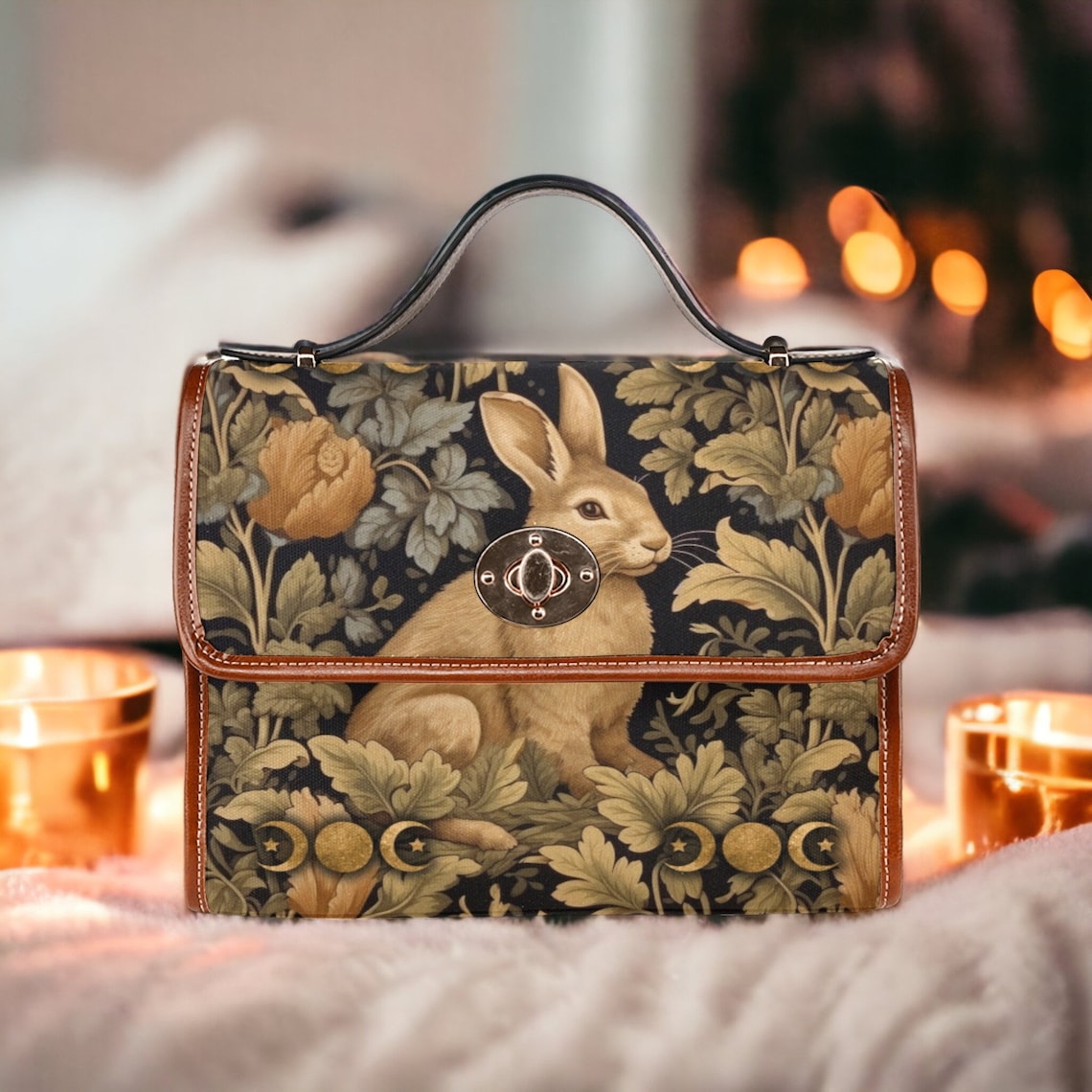 Maximalist Victorian Rabbit Moon Retro Canvas Satchel Handbag For Boho Hippie