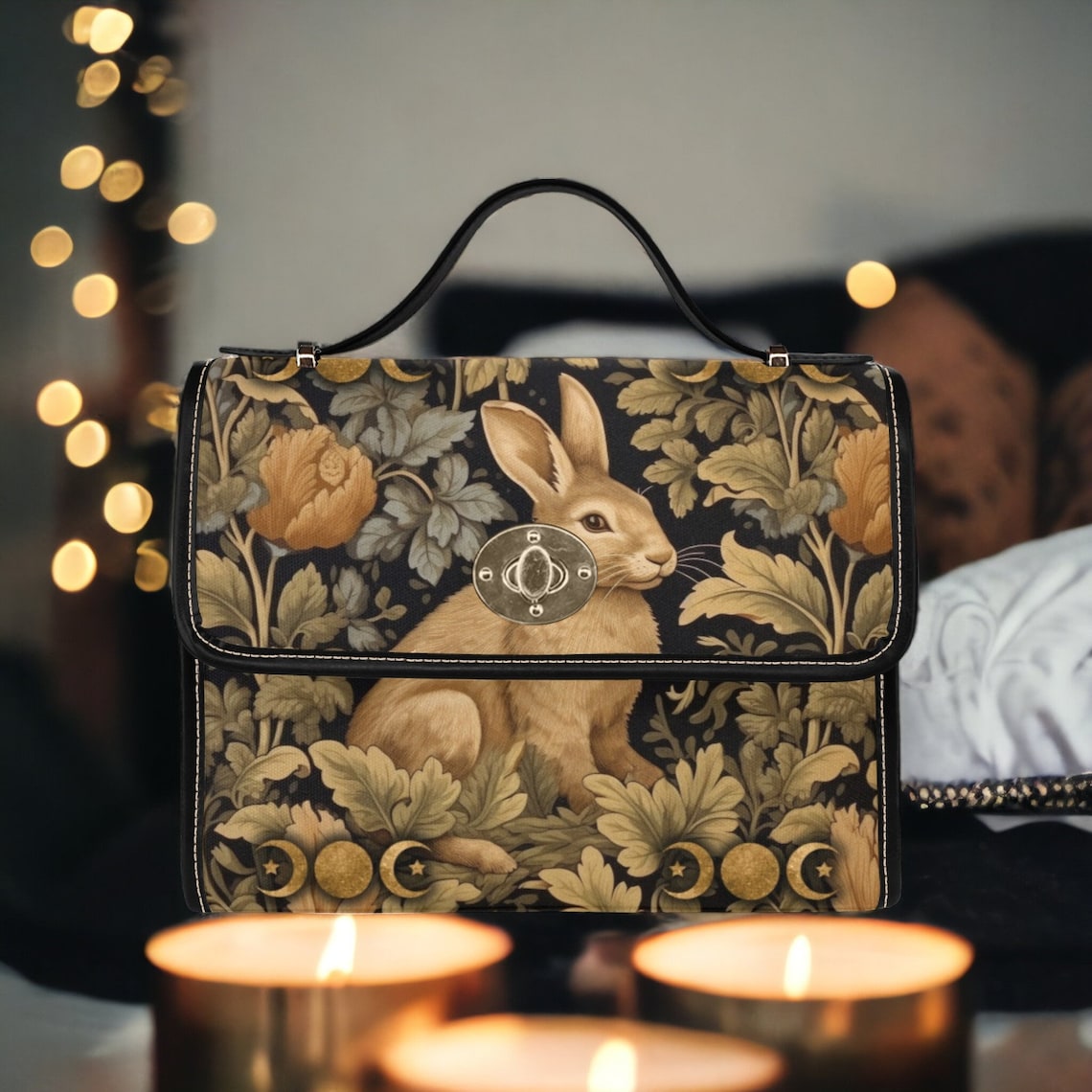 Maximalist Victorian Rabbit Moon Retro Canvas Satchel Handbag For Boho Hippie