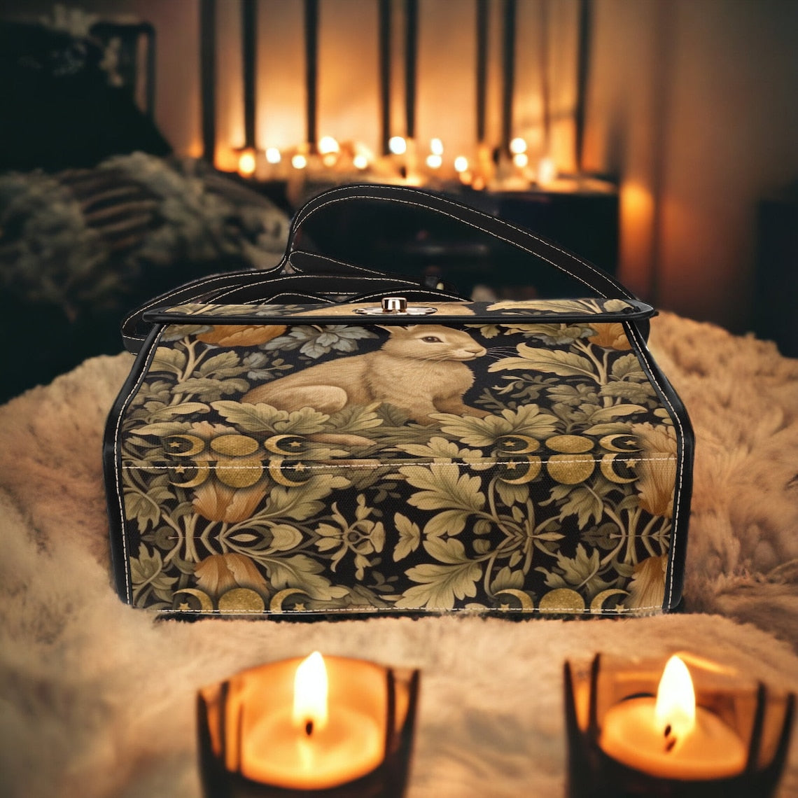 Maximalist Victorian Rabbit Moon Retro Canvas Satchel Handbag For Boho Hippie