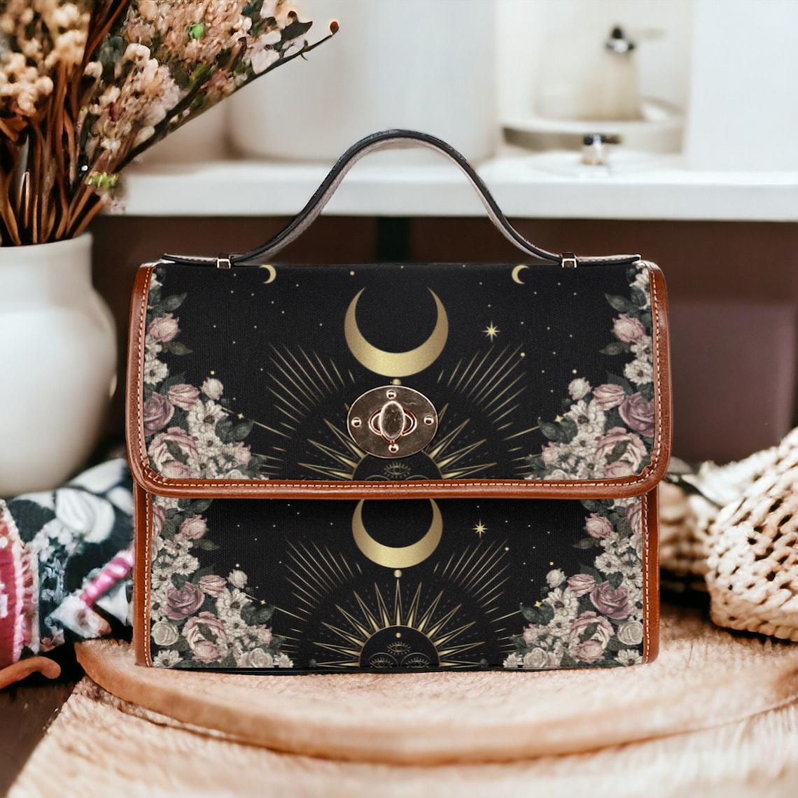 Cottagecore Witch Canvas Satchel Handbag For Boho Hippie