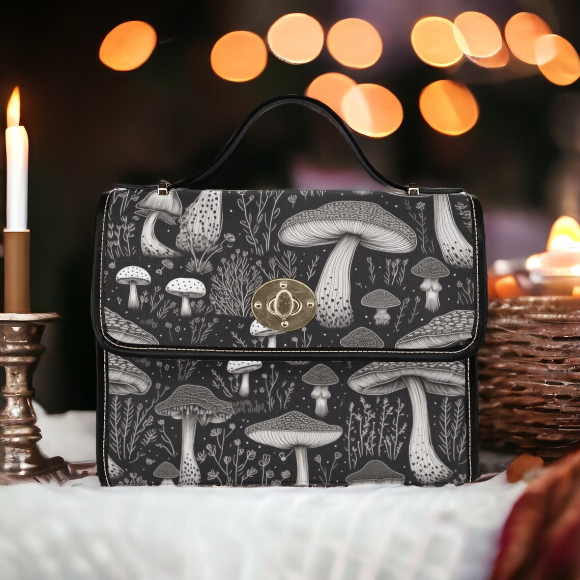 Cottagecore Black White Mushroom Forest Canvas Satchel Handbag For Boho Hippie