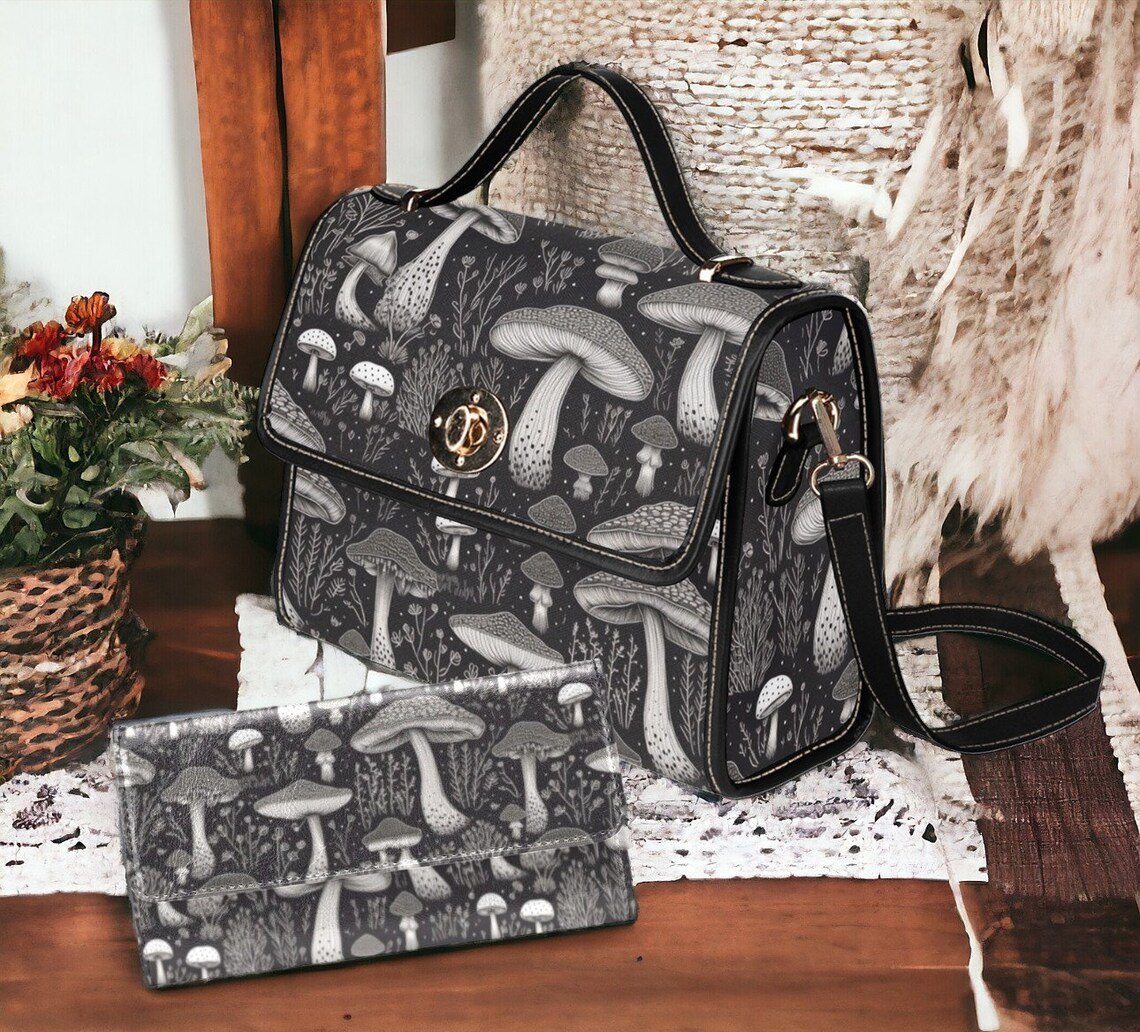 Cottagecore Black White Mushroom Forest Canvas Satchel Handbag For Boho Hippie