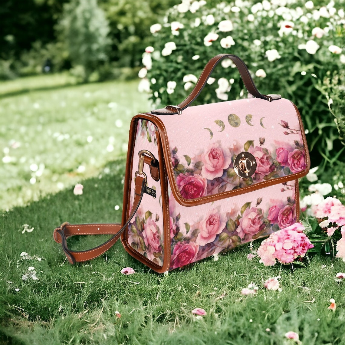 Cherry Pink Roses Moon Retro Canvas Satchel Handbag For Boho Hippie