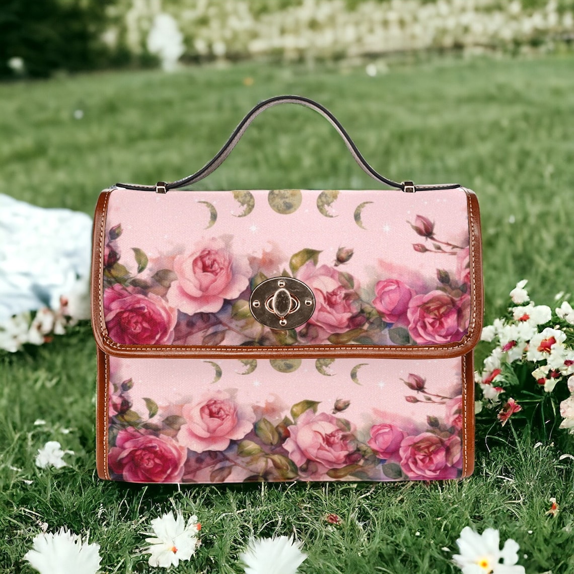 Cherry Pink Roses Moon Retro Canvas Satchel Handbag For Boho Hippie