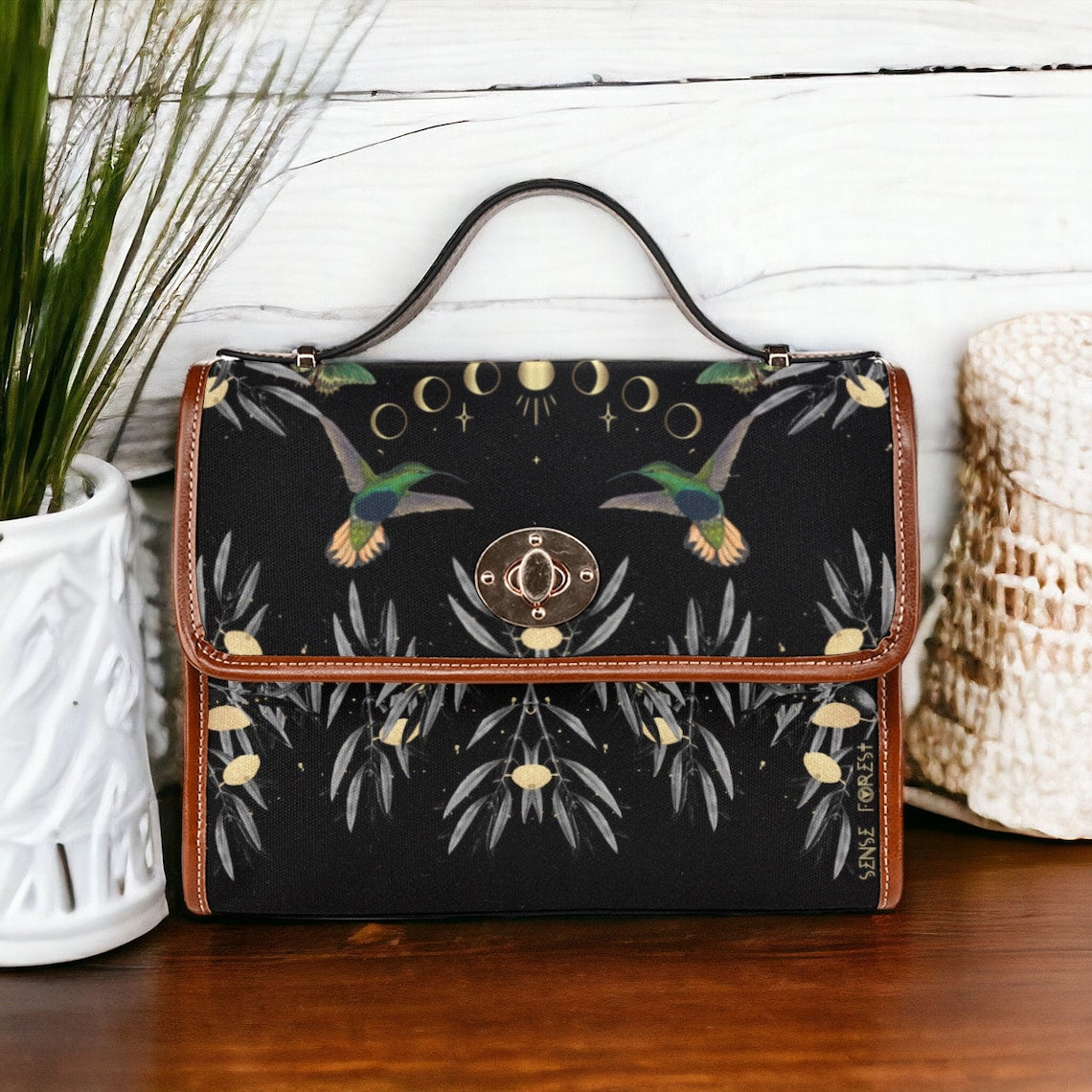 Olive Tree Moon Phase Hummingbird Retro Canvas Satchel Handbag For Boho Hippie