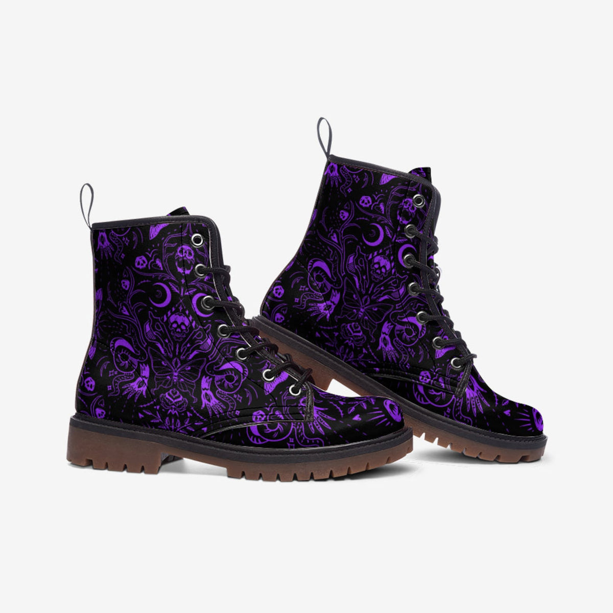 Hippie Art Zone - Purple Skulls Moths Faux Leather Combat Boots.