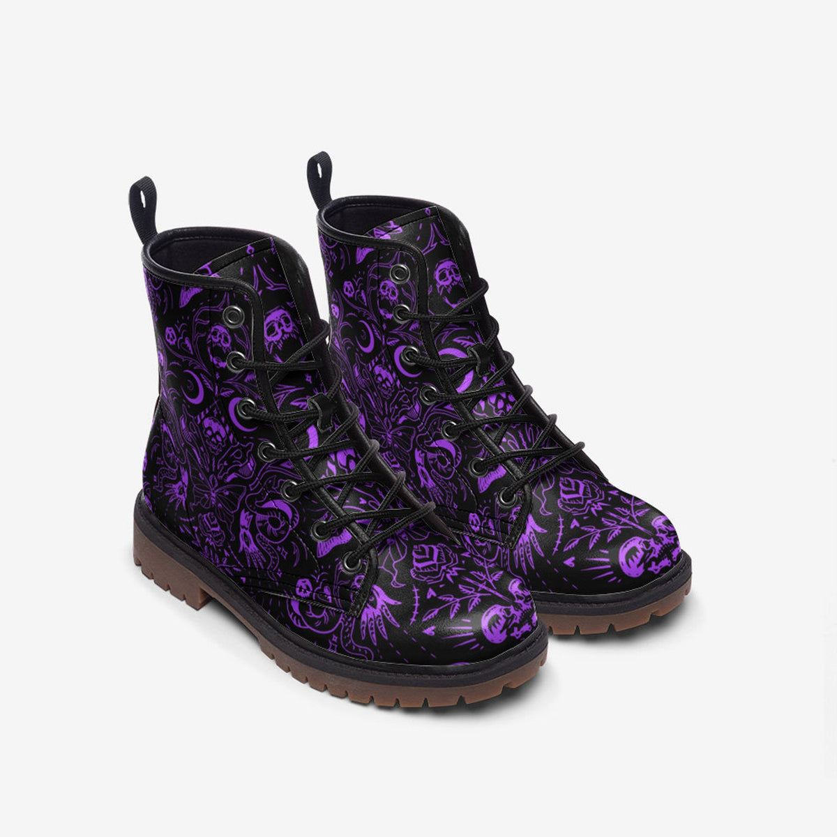 Hippie Art Zone - Purple Skulls Moths Faux Leather Combat Boots.