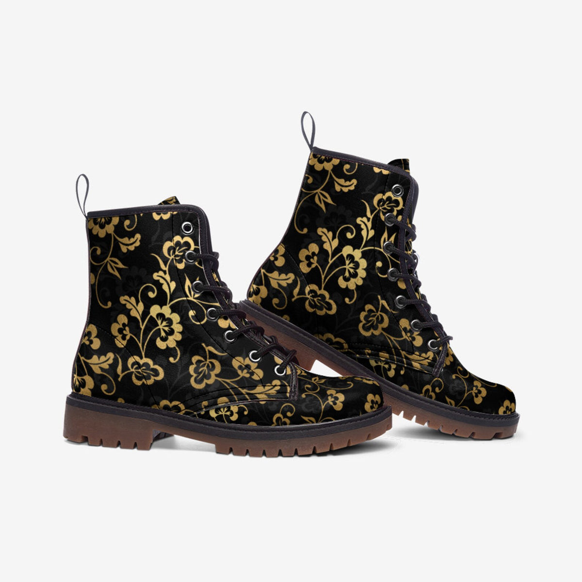 Hippie Art Zone - Black and Faux Gold Floral Vegan Combat Boots.