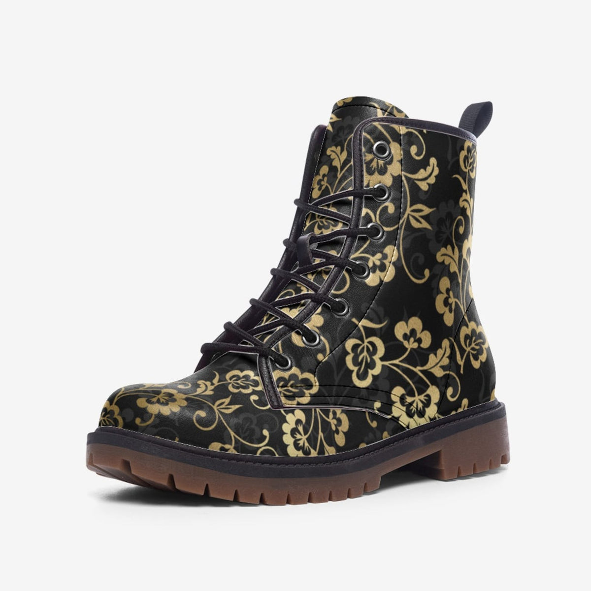 Hippie Art Zone - Black and Faux Gold Floral Vegan Combat Boots.