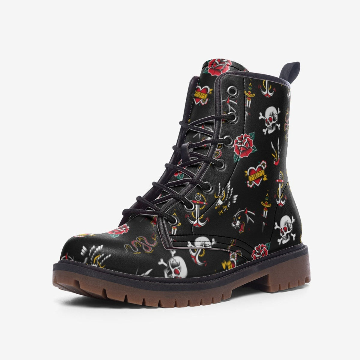 Hippie Art Zone - Vintage Tattoo Motif Vegan Combat Boots.