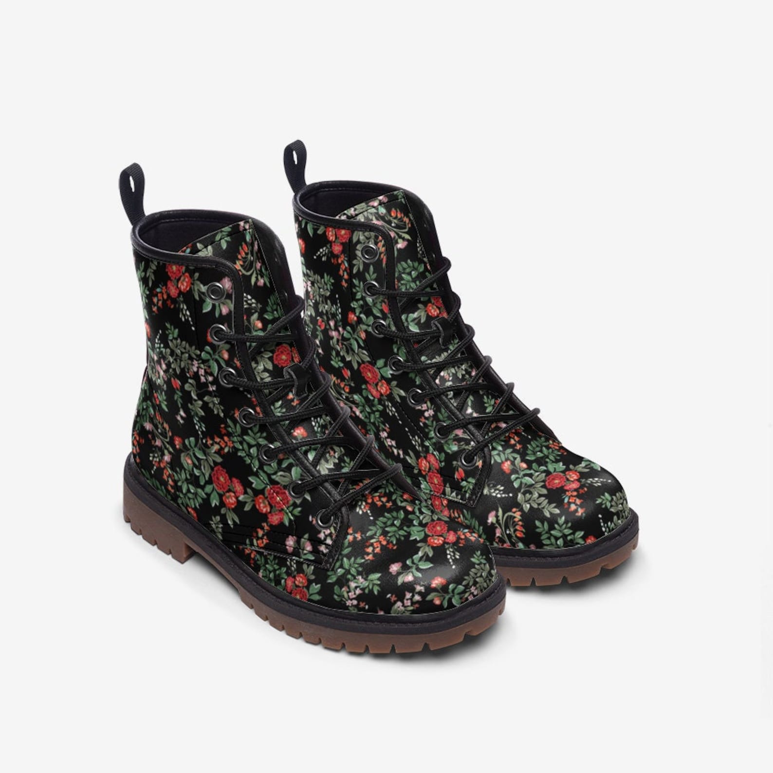 Hippie Art Zone - Red & Black Floral Vegan Boots.