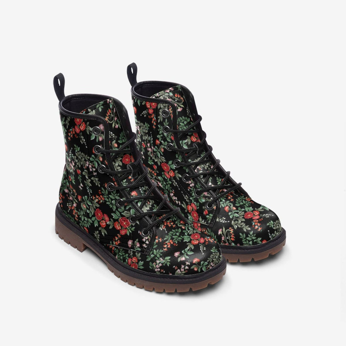 Hippie Art Zone - Red &amp; Black Floral Vegan Boots.