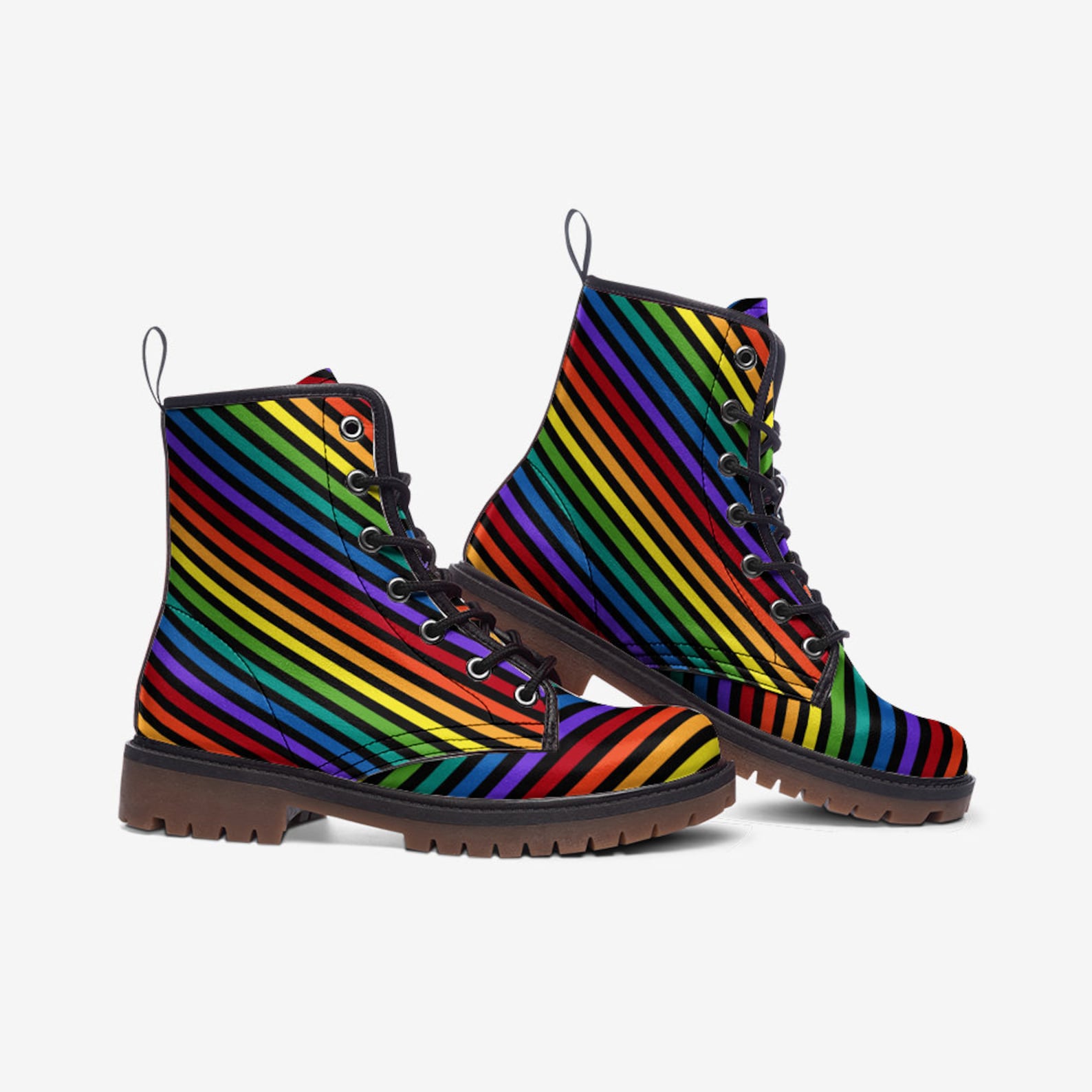 Hippie Art Zone - Rainbow Stripes Vegan Leather Combat Boots Ver 2.