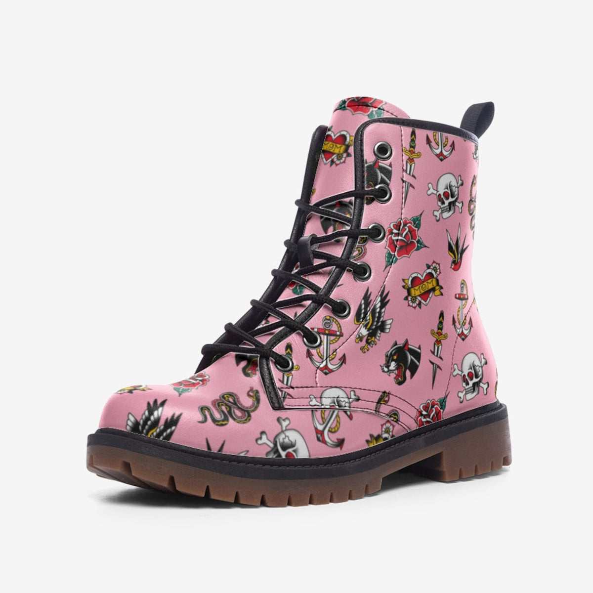 Hippie Art Zone - Vintage Tattoo Motif Vegan Combat Boots.