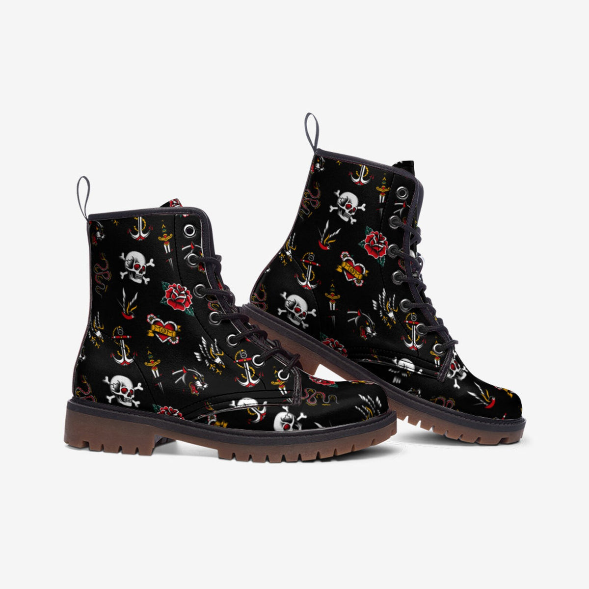 Hippie Art Zone - Vintage Tattoo Motif Vegan Combat Boots.