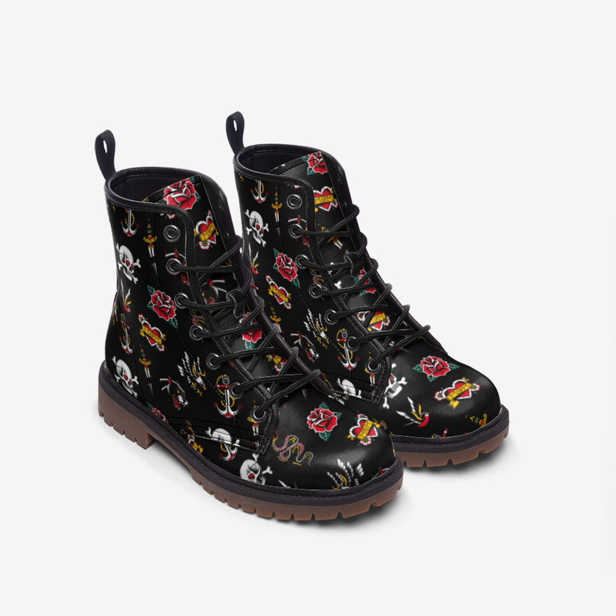 Hippie Art Zone - Vintage Tattoo Motif Vegan Combat Boots.