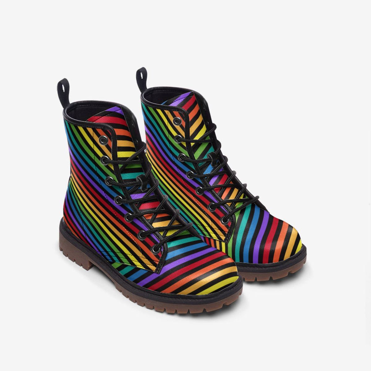 Hippie Art Zone - Rainbow Stripes Vegan Leather Combat Boots Ver 2.