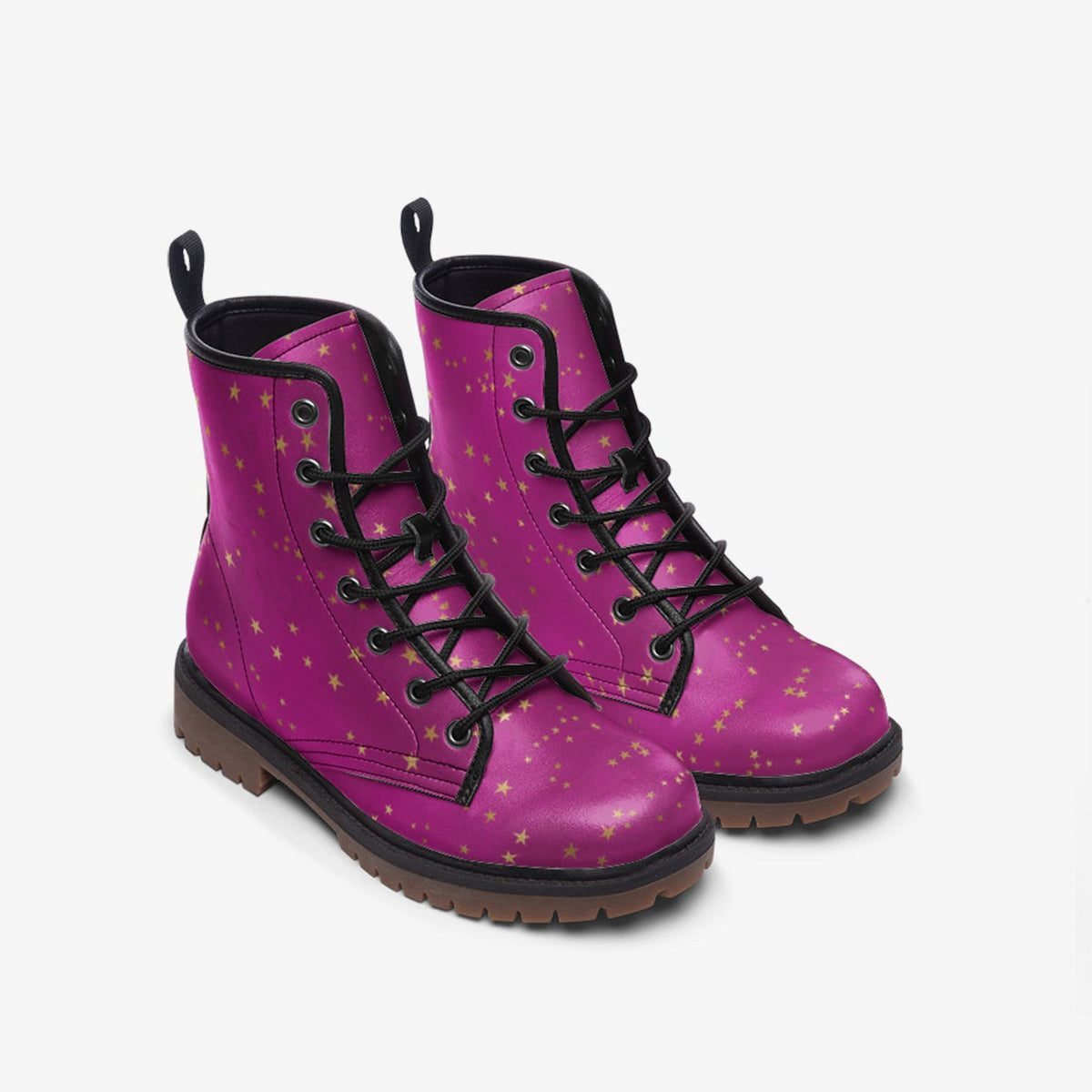 Hippie Art Zone - Fuchsia Gold Stars Vegan Combat Boots.