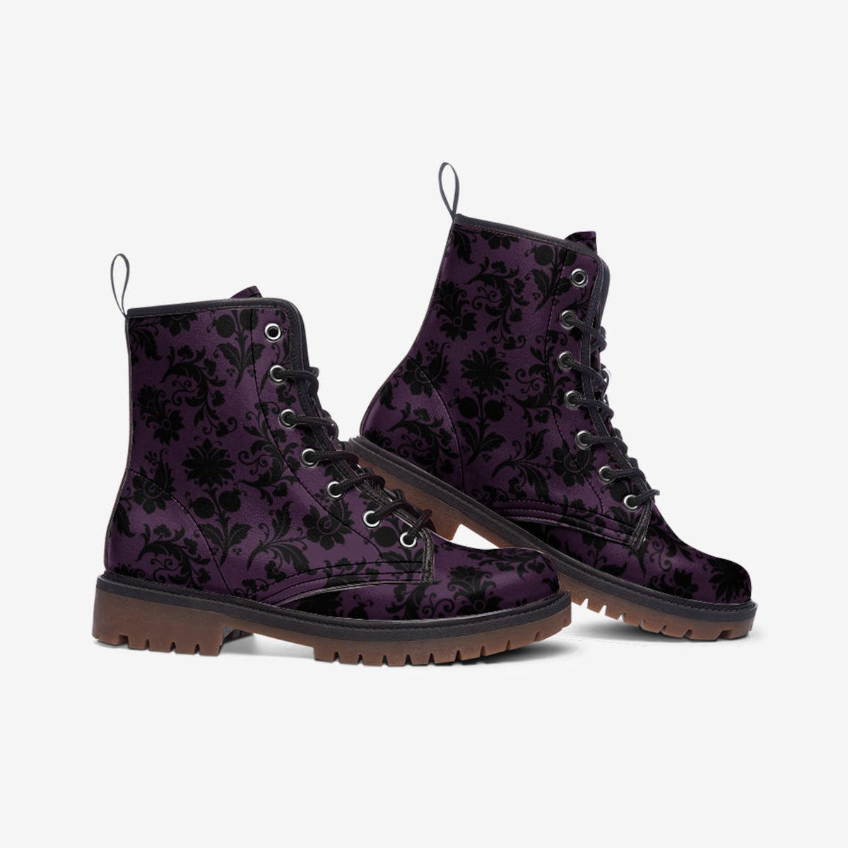 Hippie Art Zone - Gothic Purple &amp; Black Brocade Vegan Combat Boots.