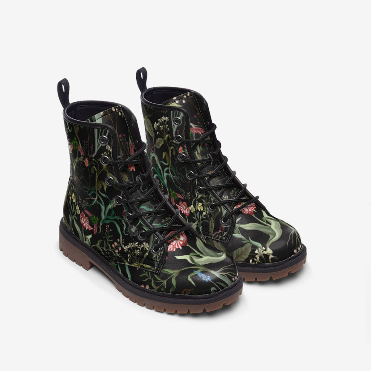 Hippie Art Zone - Dark Floral Vegan Leather Combat Boots.