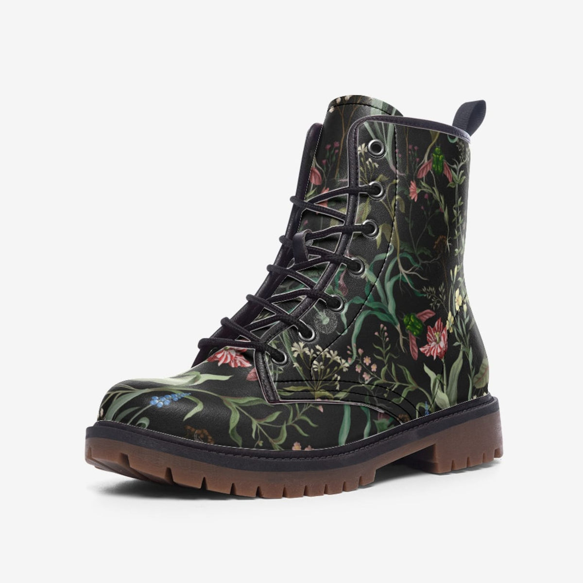 Hippie Art Zone - Dark Floral Vegan Leather Combat Boots.