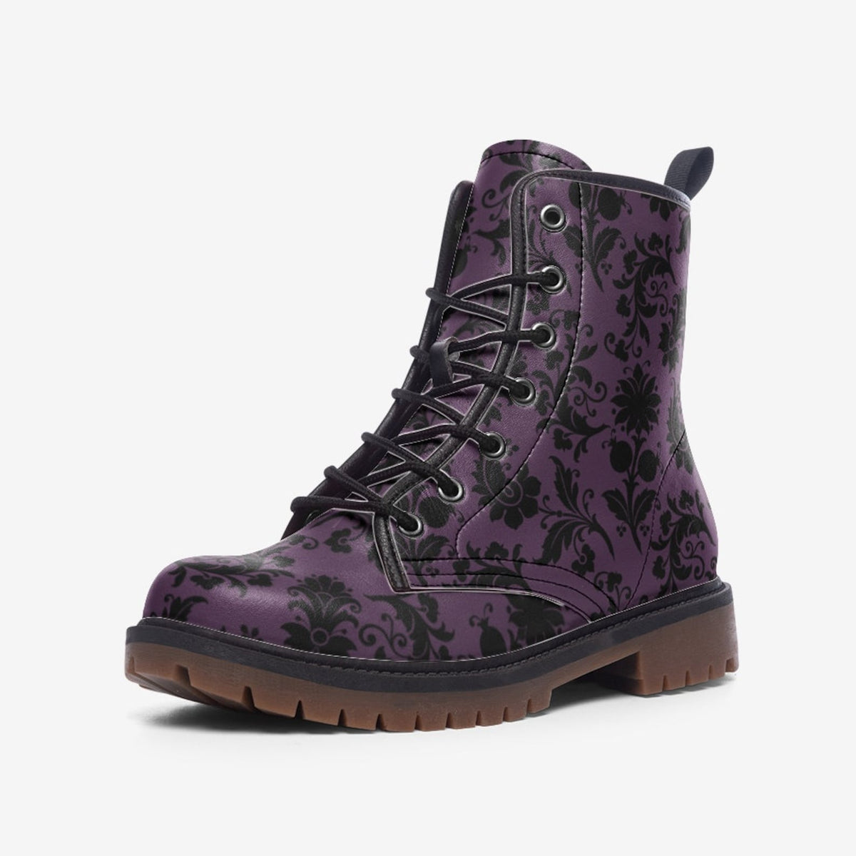 Hippie Art Zone - Gothic Purple &amp; Black Brocade Vegan Combat Boots.