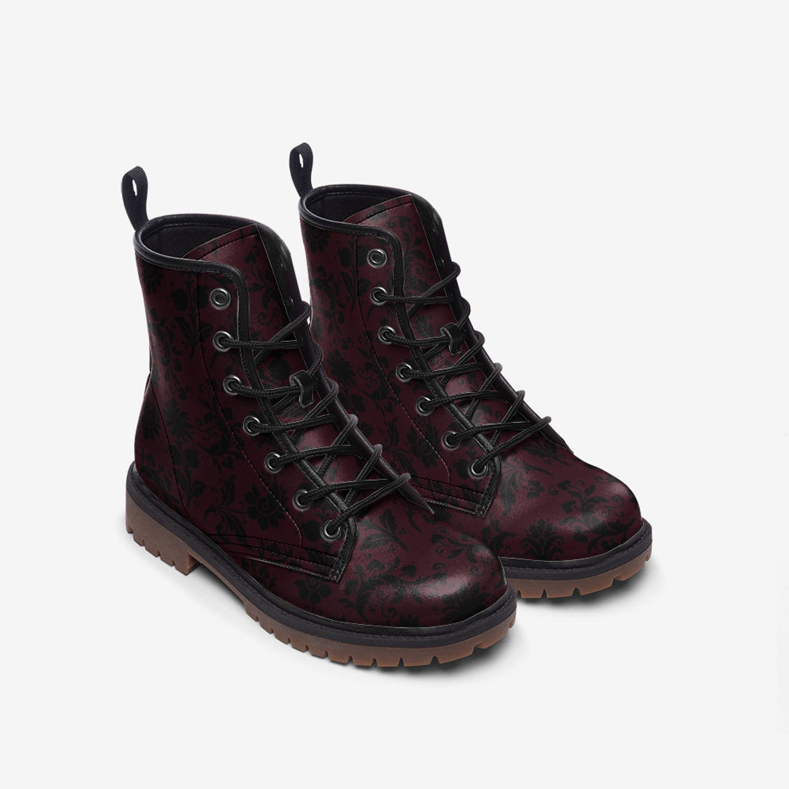 Hippie Art Zone - Gothic Burgundy & Black Brocade Vegan Combat Boots.