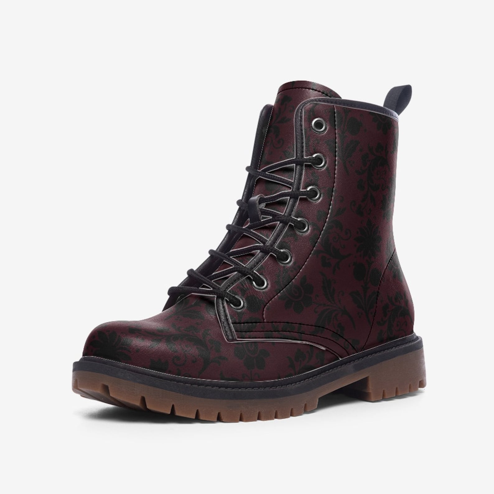 Hippie Art Zone - Gothic Burgundy & Black Brocade Vegan Combat Boots.