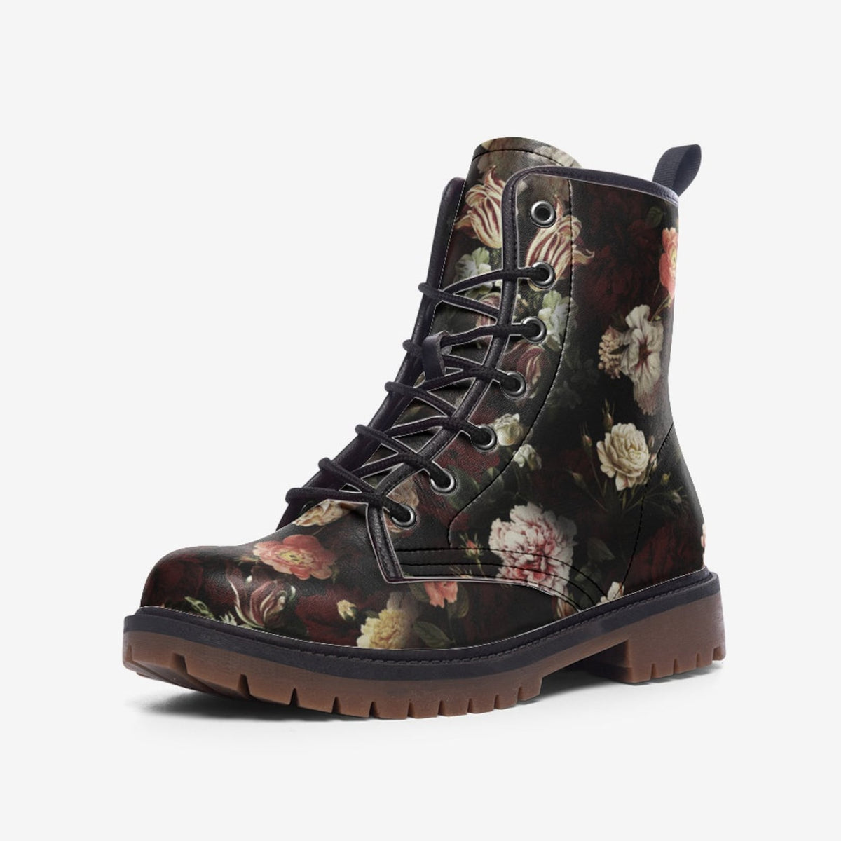 Hippie Art Zone - Dark Floral Vegan Leather Combat Boots